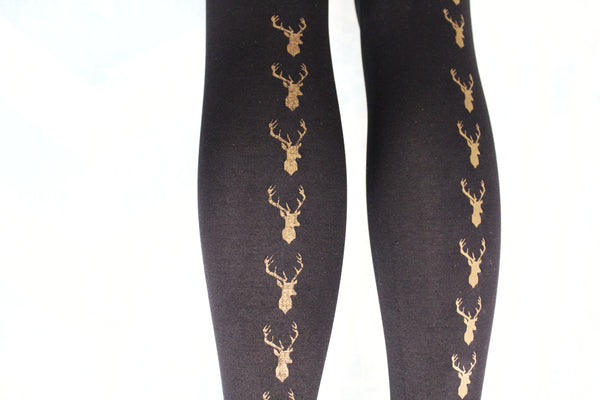 hose. | Antique Gold Stags Head Screen Printed Black Tights | 80 Denier