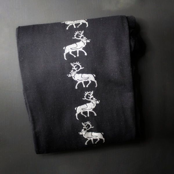 hose. | Silver Reindeer Screen Printed Black Tights | 80 Denier