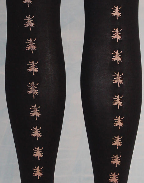 80 Denier black tights, hand screen printed trees in metallic ink, close up  print detail