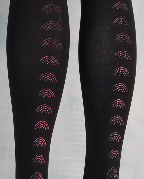 80 denier black NILIT tights, pink & blue multicolour ink rainbow screen print stripe, close up of print detail