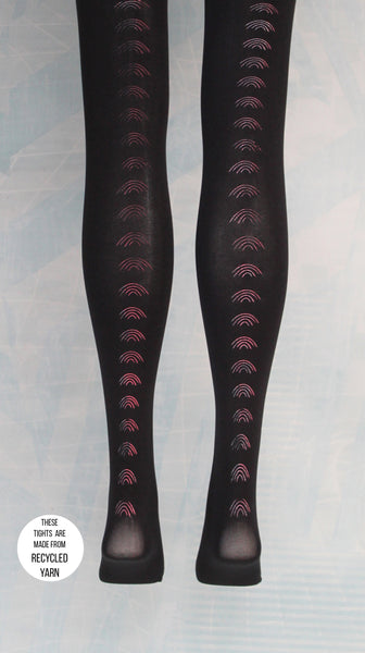 80 denier black NILIT tights, pink & blue multicolour ink rainbow screen print stripe