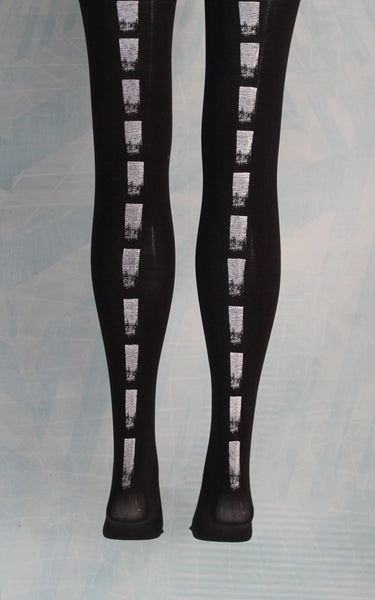 100 denier black tights, hand screen printed silver dash stripe 