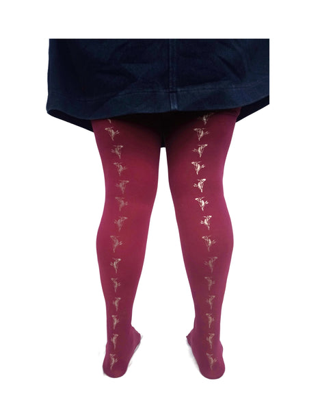 hose. | Metallic Woodpecker Screen Printed Burgundy Tights | 80 denier