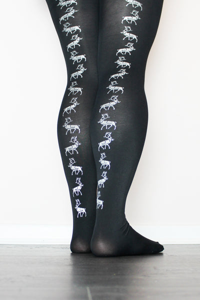 hose. | Silver Reindeer Screen Printed Black Tights | 80 Denier