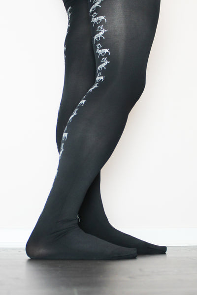 hose. | Silver Reindeer Screen Printed Black Tights | 80 Denier