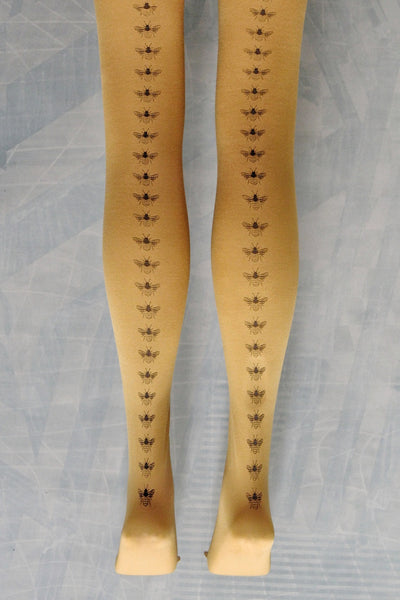 hose. | Grey Bee Screen Printed Mustard Tights | 80 Denier