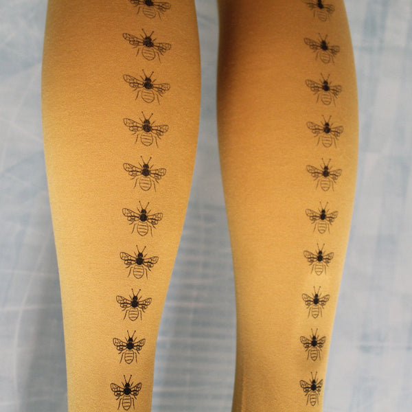 hose. | Grey Bee Screen Printed Mustard Tights | 80 Denier