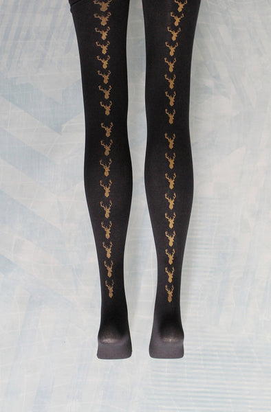 hose. | Antique Gold Stags Head Screen Printed Black Tights | 80 Denier